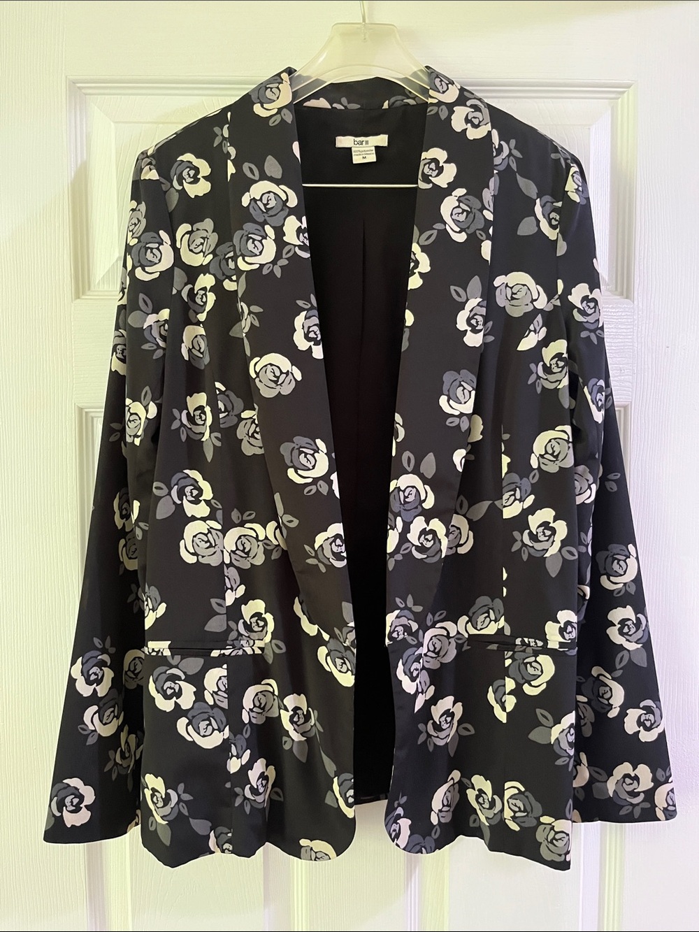 Bar III Black Floral Open Blazer with White and Gray Roses